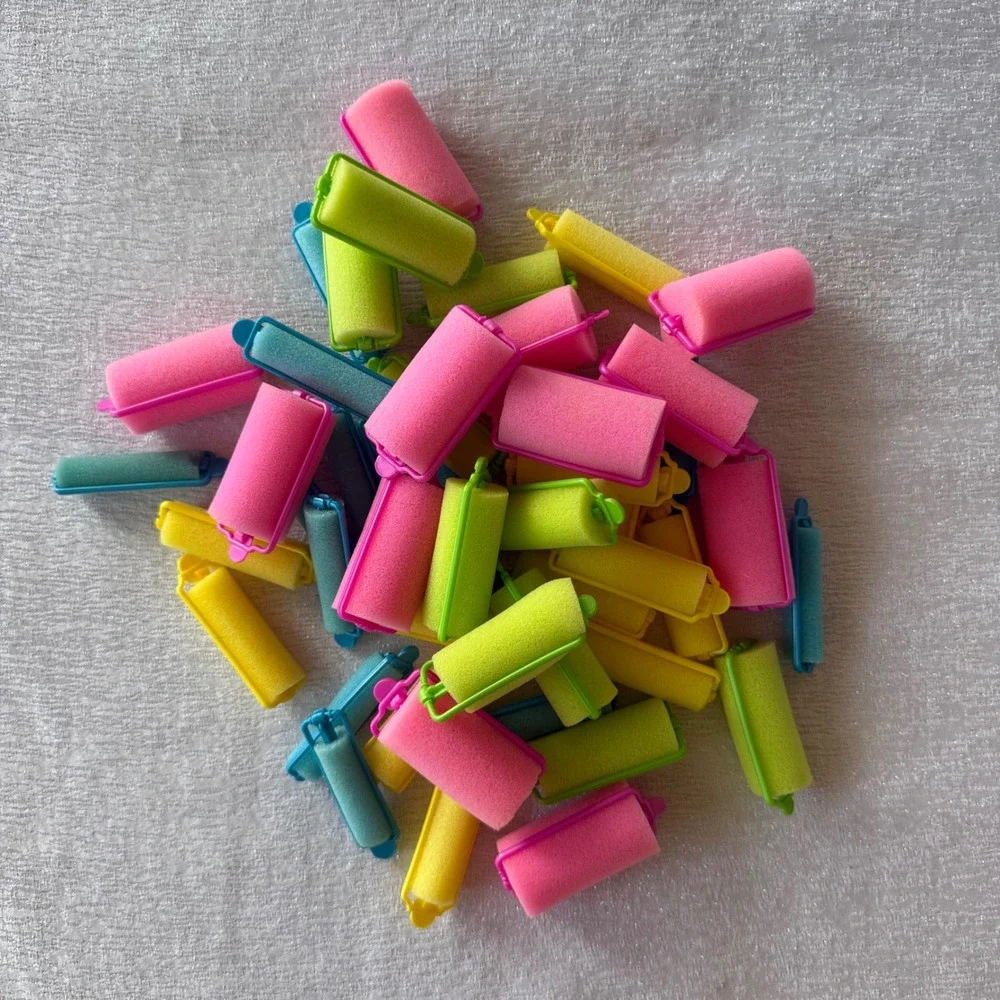 48pc Foam Sponge Hair Roller Set Pink Green Yellow Blue Curlers w/ Storage Bag